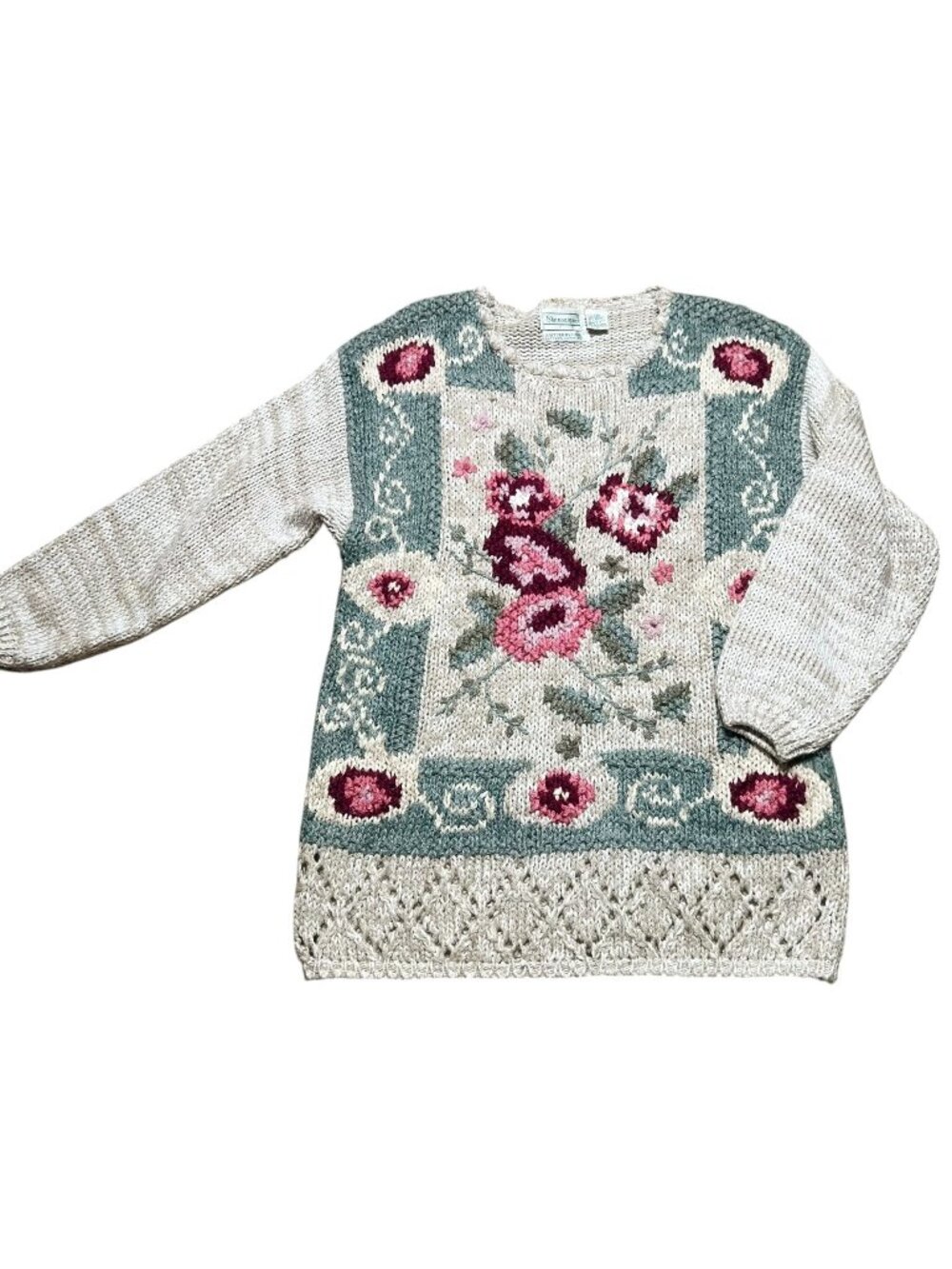 Vintage Shenanigans Sweater Womens Size S Floral Hand Knit Cozy Grandma